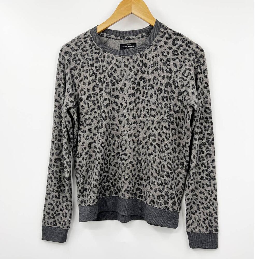 Lucky Brand Women's Leopard Crew Pullover Sweater Stretch Gray‎ Size S/P